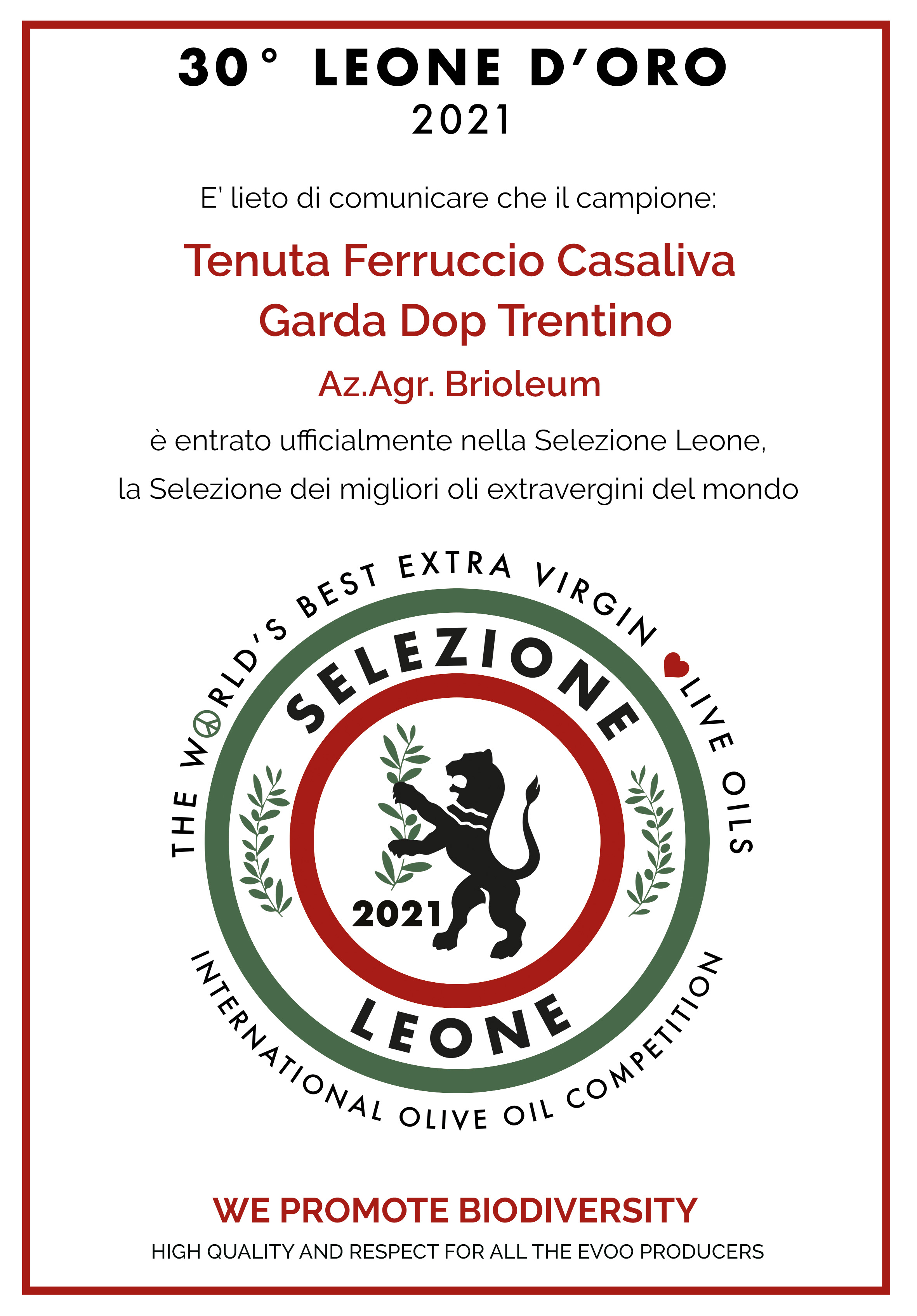 XXX Leone d'Oro dei Mastri Oleari 2020/21 - Tenuta Ferruccio Casaliva