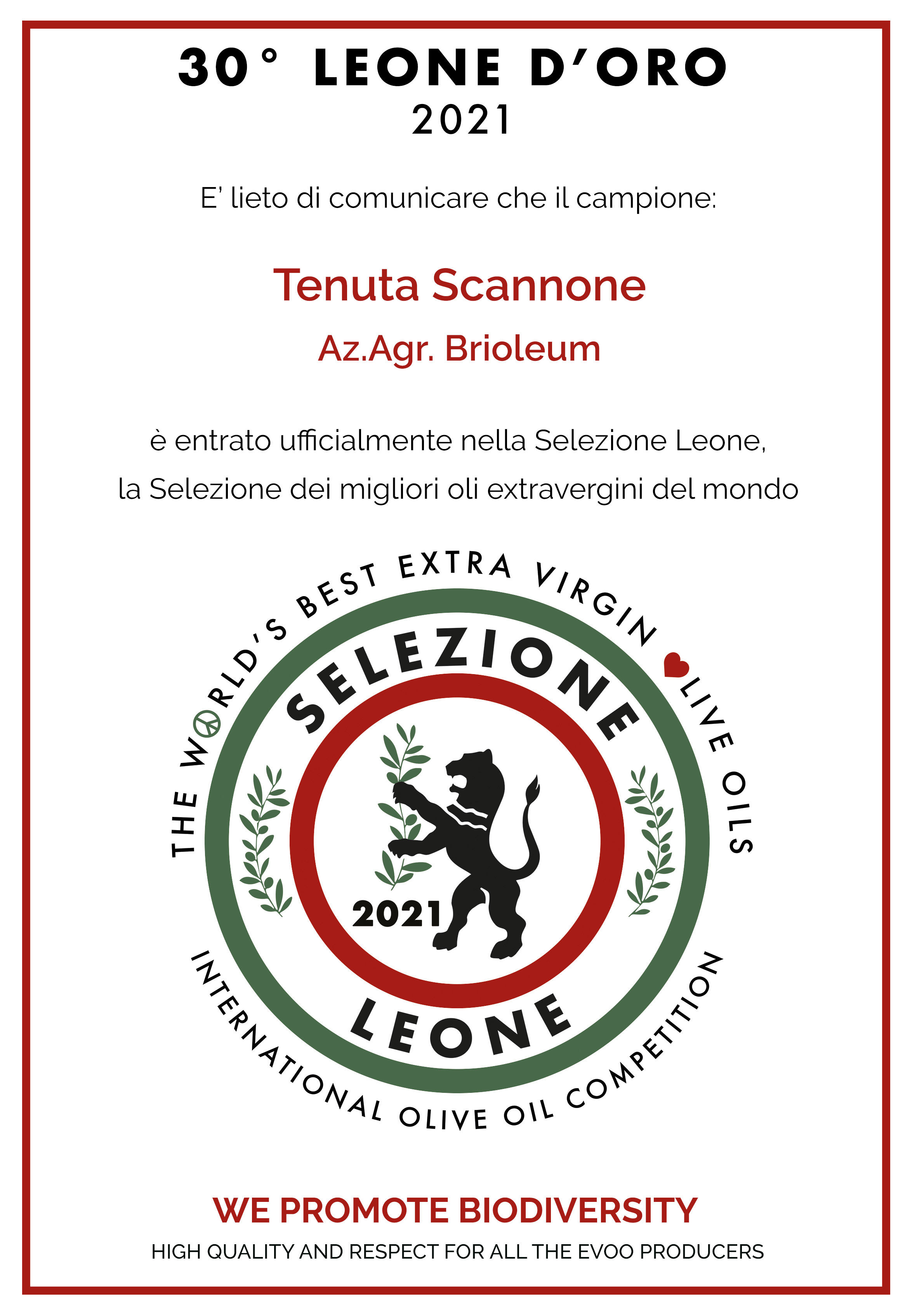 XXX Leone d'Oro dei Mastri Oleari 2020/21 - TENUTA SCANNONE